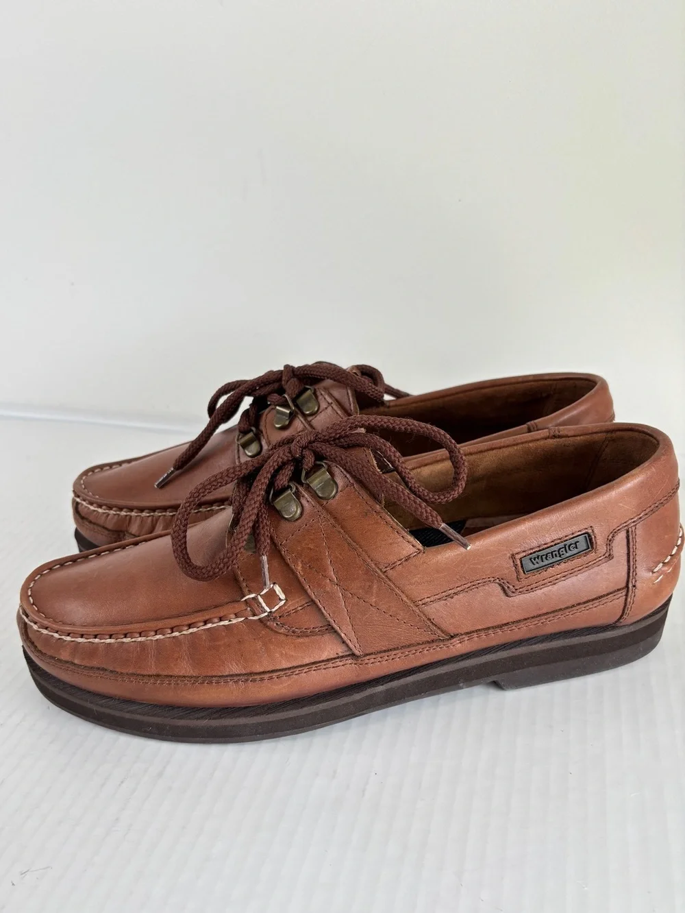 Wrangler Brown Leather Boat Shoes Mens 9.5 M Rugged Sole Crafted in Brazil NEW!